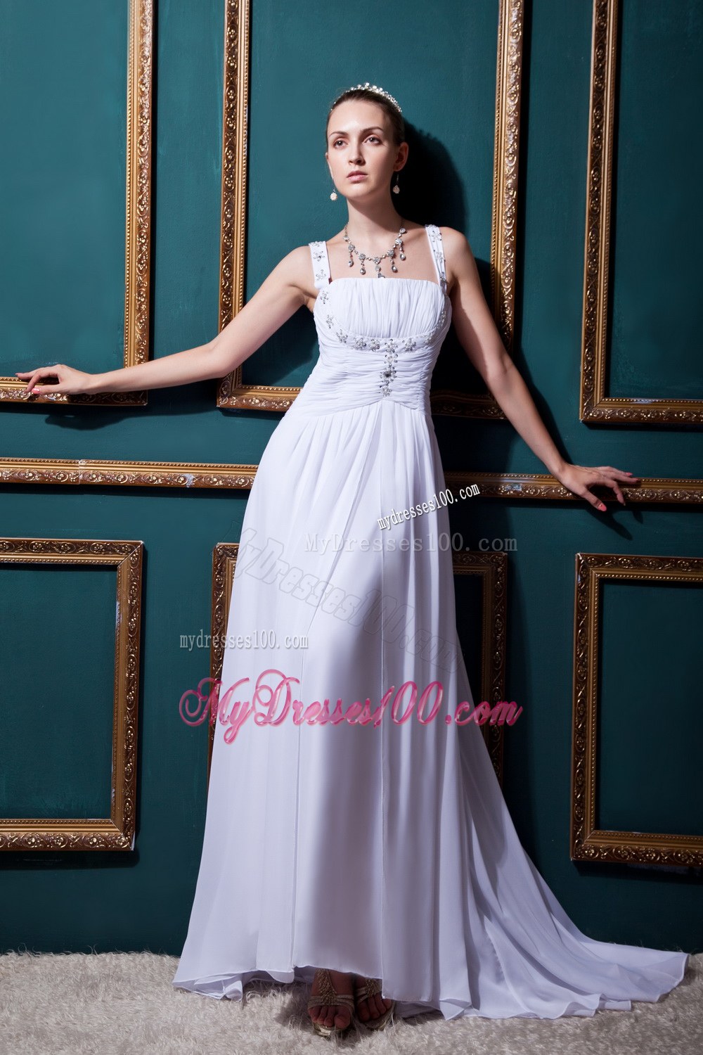Informal Straps Brush Train Beading and Ruches Wedding Dress