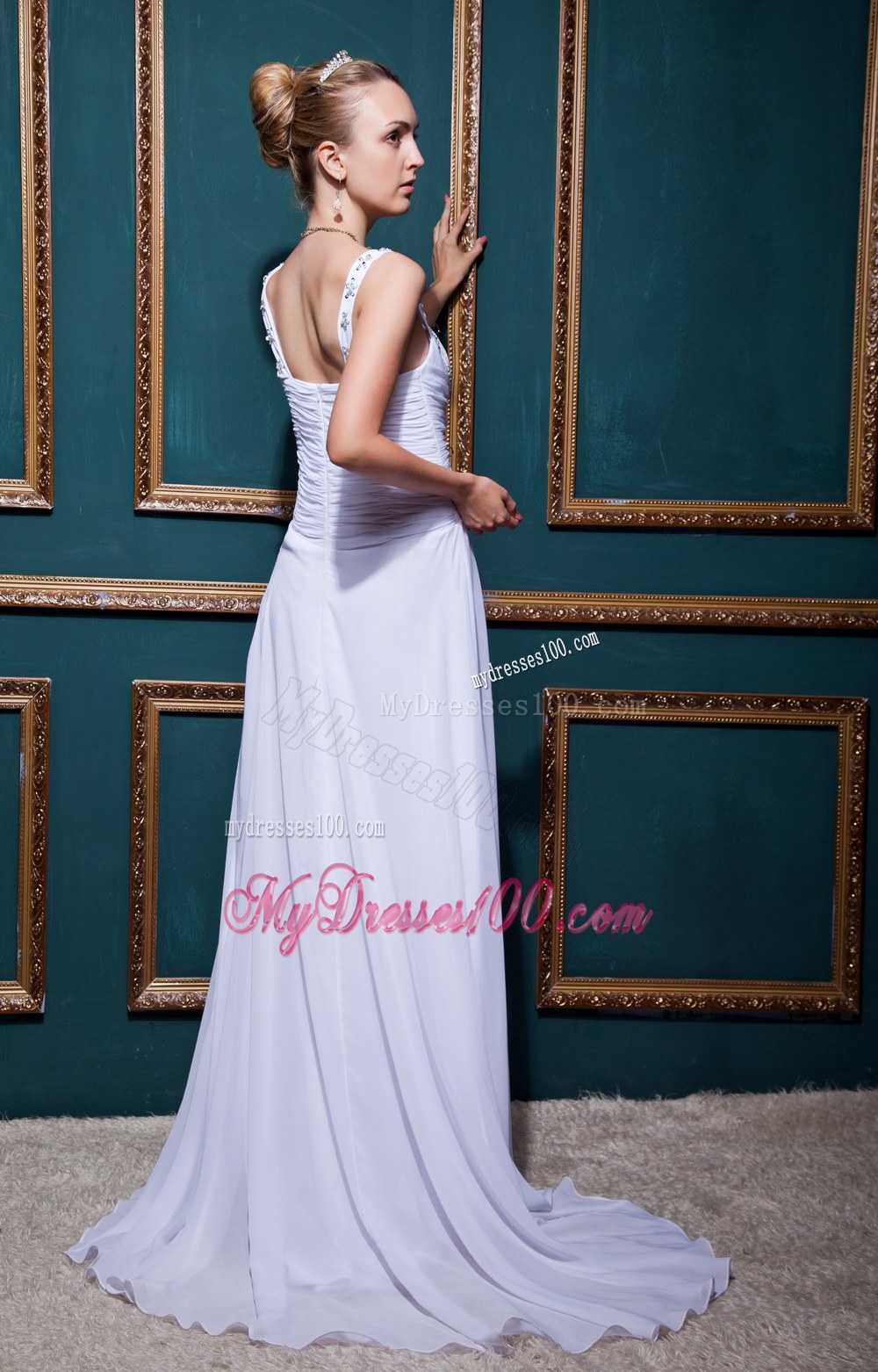 Informal Straps Brush Train Beading and Ruches Wedding Dress