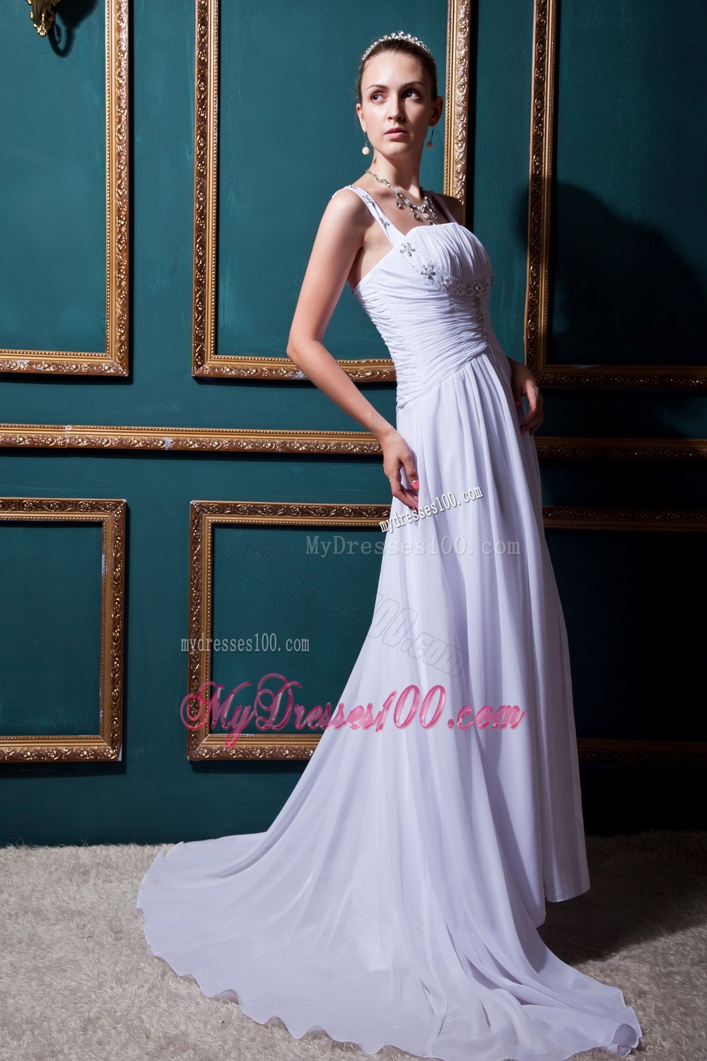 Informal Straps Brush Train Beading and Ruches Wedding Dress