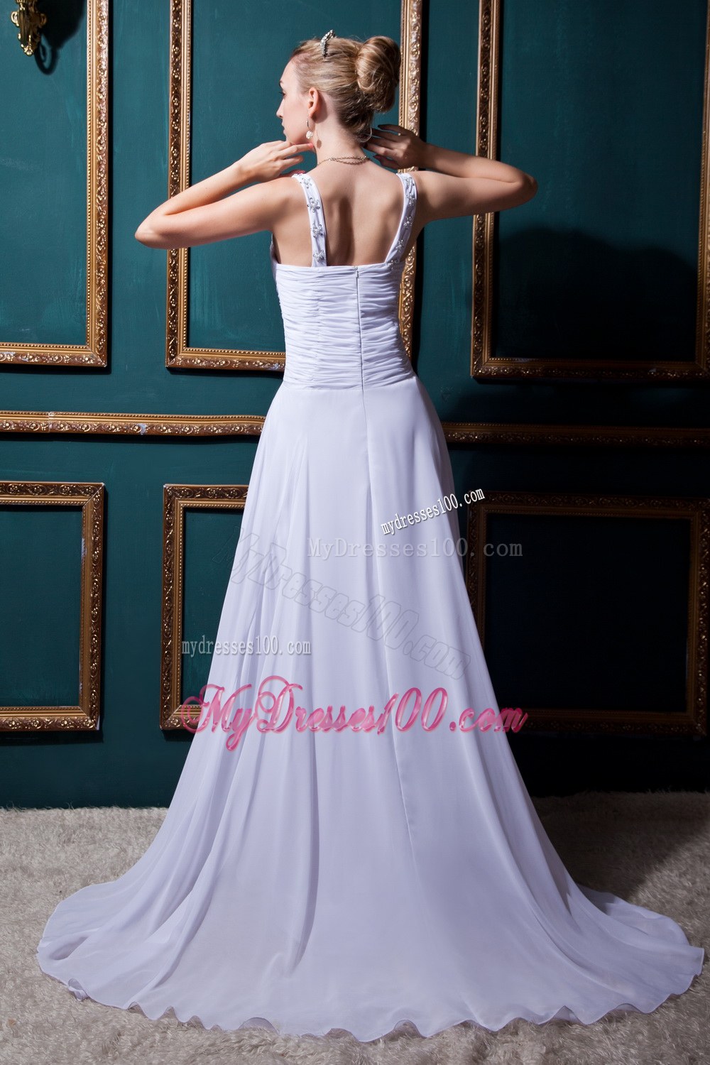 Informal Straps Brush Train Beading and Ruches Wedding Dress