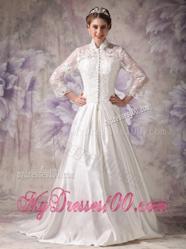 Ivory High-neck Court Train Lace Wedding Dress with Long Sleeves