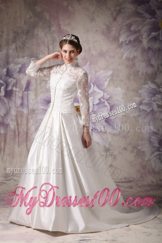 Ivory High-neck Court Train Lace Wedding Dress with Long Sleeves
