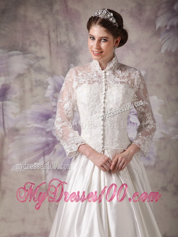 Ivory High-neck Court Train Lace Wedding Dress with Long Sleeves