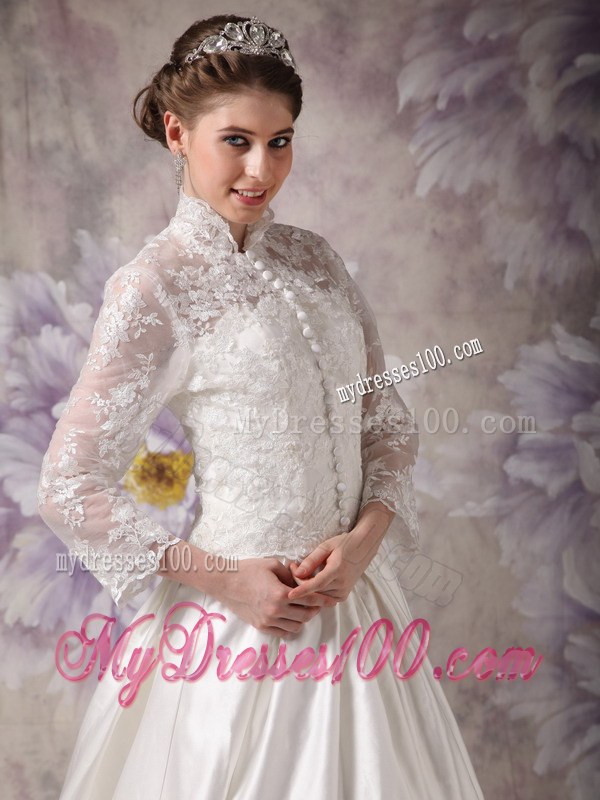 Ivory High-neck Court Train Lace Wedding Dress with Long Sleeves