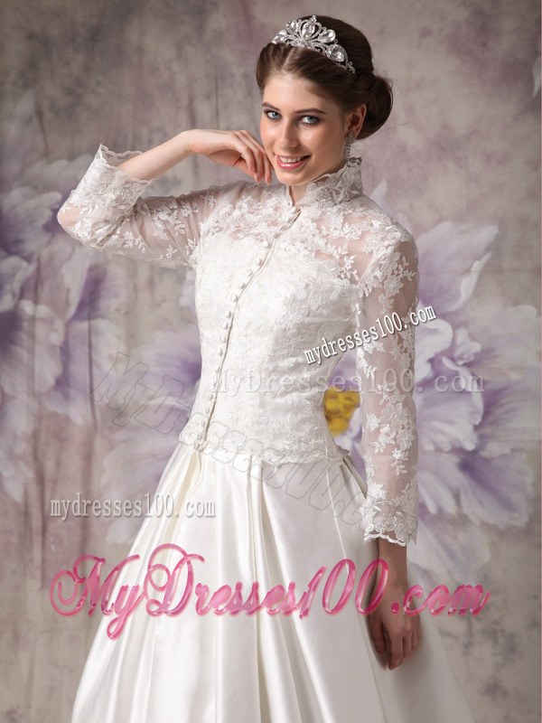 Ivory High-neck Court Train Lace Wedding Dress with Long Sleeves