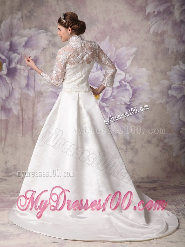 Ivory High-neck Court Train Lace Wedding Dress with Long Sleeves
