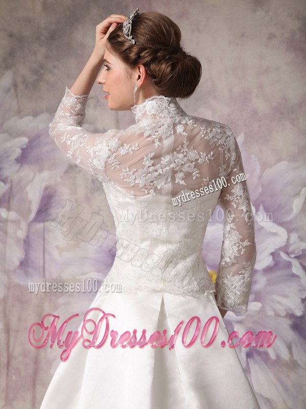 Ivory High-neck Court Train Lace Wedding Dress with Long Sleeves