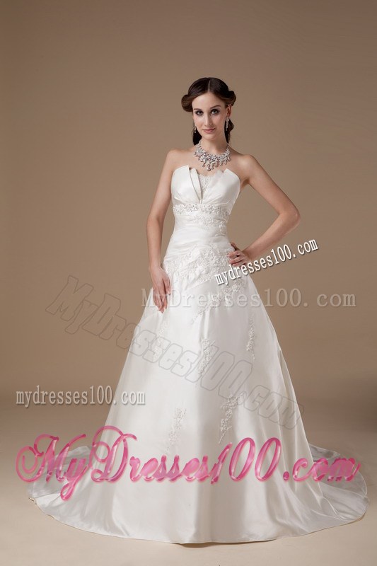 Pretty Strapless Court Train Cheap Wedding Dress with Appliques