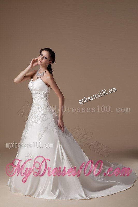 Pretty Strapless Court Train Cheap Wedding Dress with Appliques