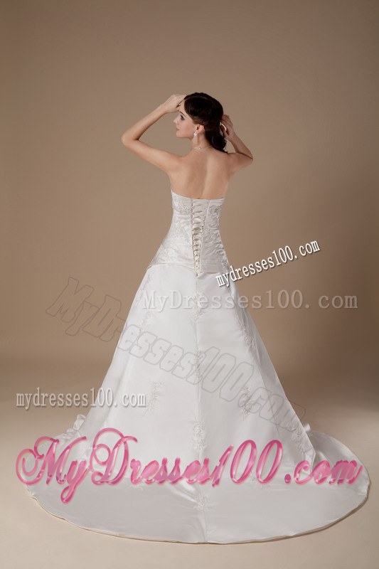 Pretty Strapless Court Train Cheap Wedding Dress with Appliques