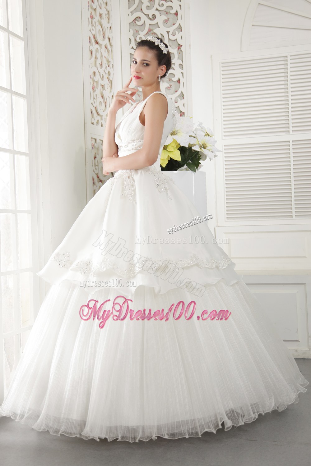 V-neck Floor-length Wedding Gown with Embroidery and Beading