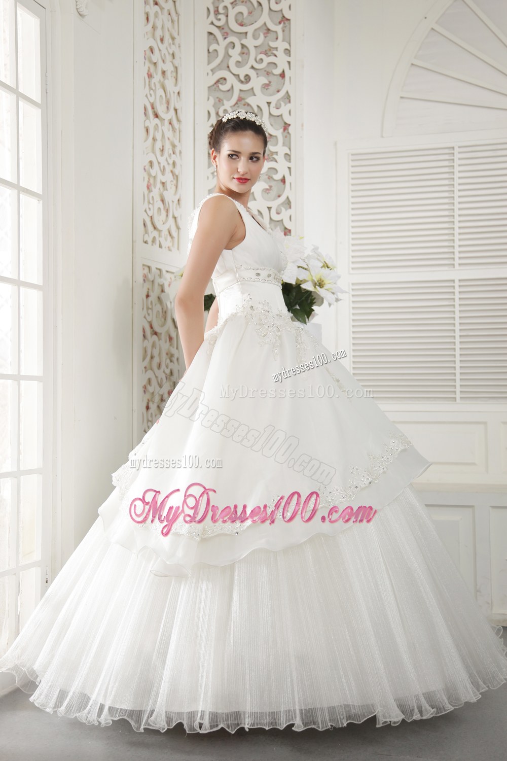 V-neck Floor-length Wedding Gown with Embroidery and Beading