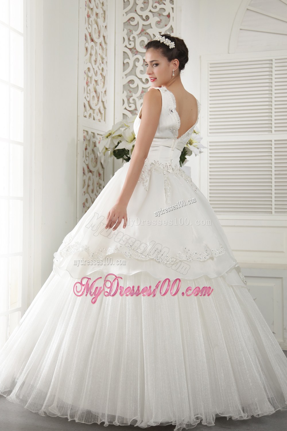 V-neck Floor-length Wedding Gown with Embroidery and Beading