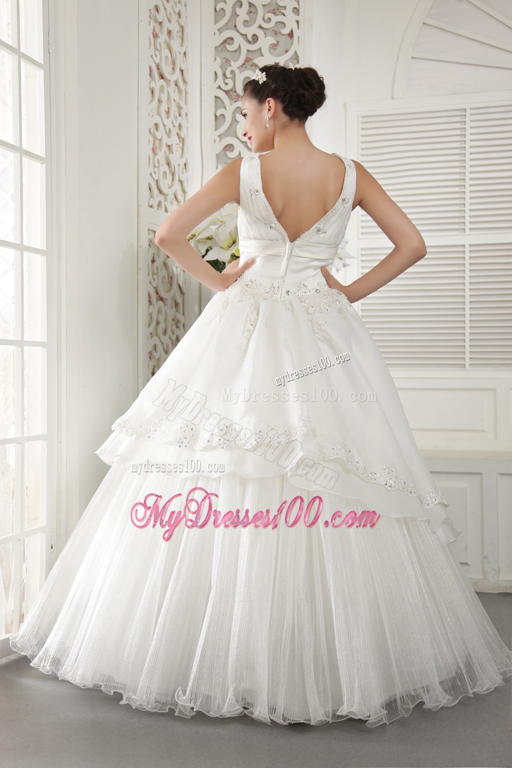 V-neck Floor-length Wedding Gown with Embroidery and Beading