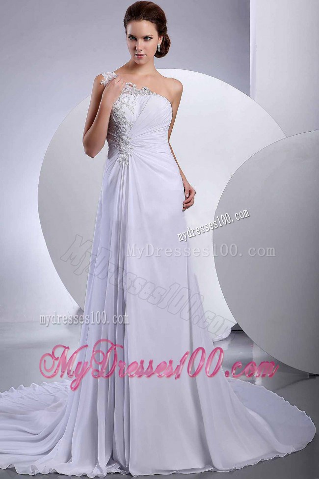 Lace Court Train One Shoulder Empire 2012 Discount Wedding Dress