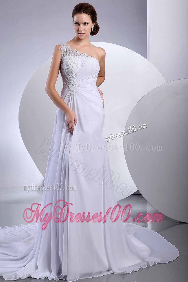 Lace Court Train One Shoulder Empire 2012 Discount Wedding Dress