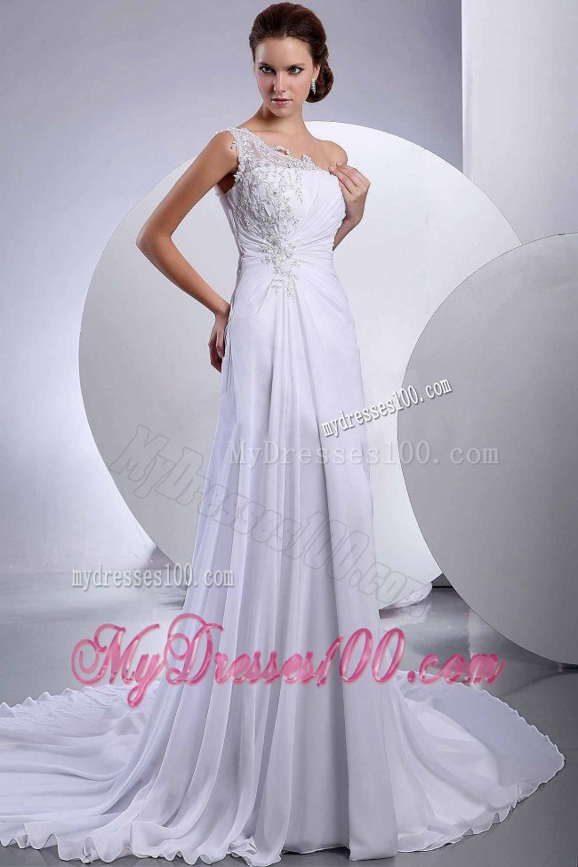 Lace Court Train One Shoulder Empire 2012 Discount Wedding Dress