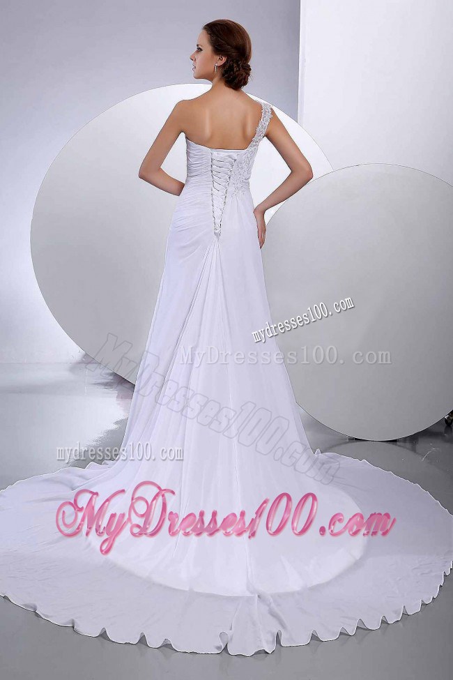 Lace Court Train One Shoulder Empire 2012 Discount Wedding Dress