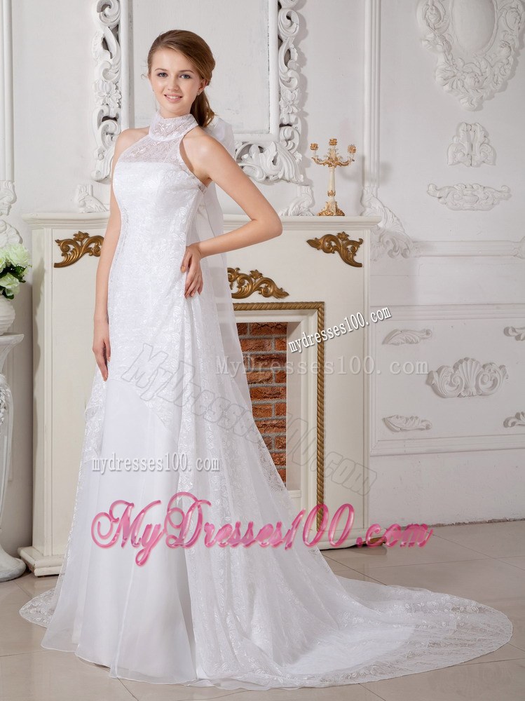 Lovely High-neck Court Train Lace Wedding Gown with Bowknot Back