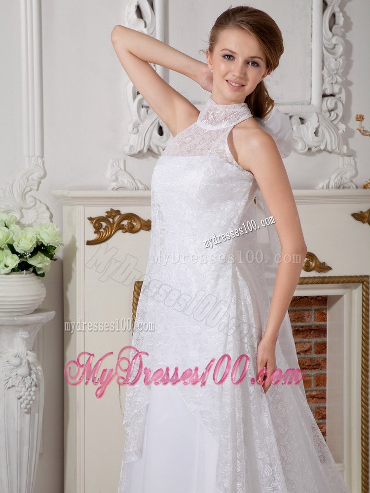 Lovely High-neck Court Train Lace Wedding Gown with Bowknot Back