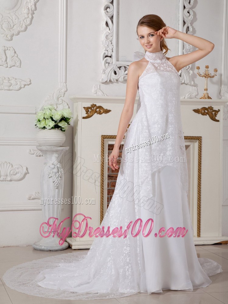 Lovely High-neck Court Train Lace Wedding Gown with Bowknot Back