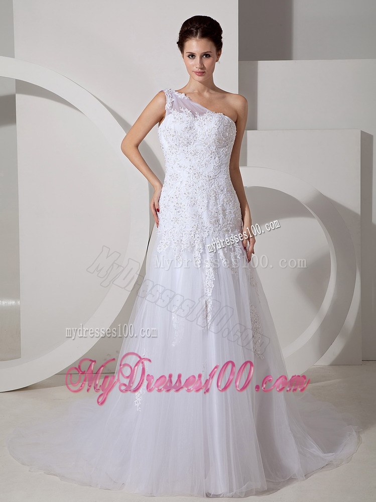 Lovely One Shoulder Court Train Pretty Lace Wedding Dress for 2013