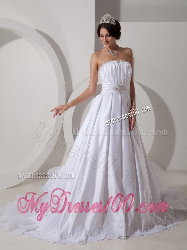 Lovely Strapless Brush Train Beading and Ruching Wedding Dresses