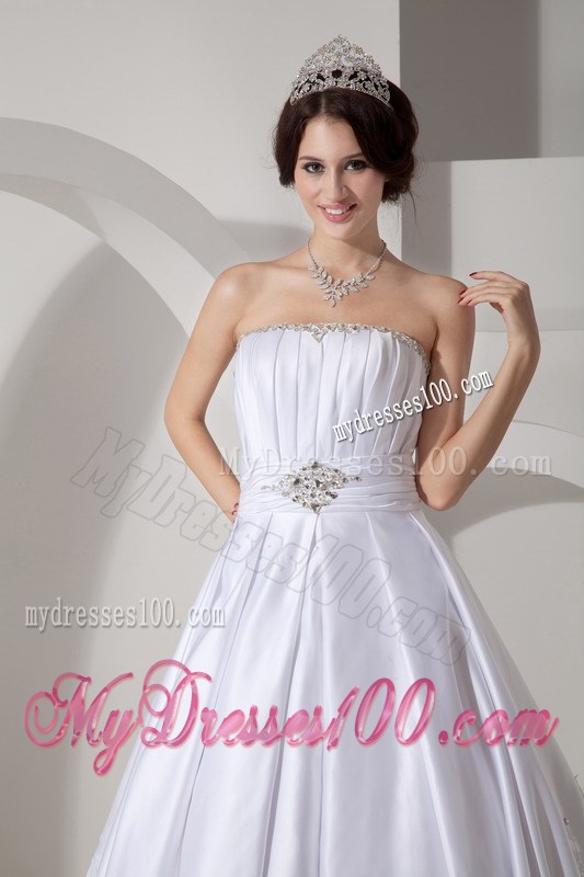 Lovely Strapless Brush Train Beading and Ruching Wedding Dresses