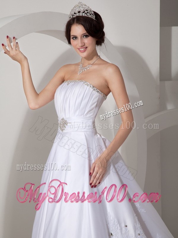 Lovely Strapless Brush Train Beading and Ruching Wedding Dresses