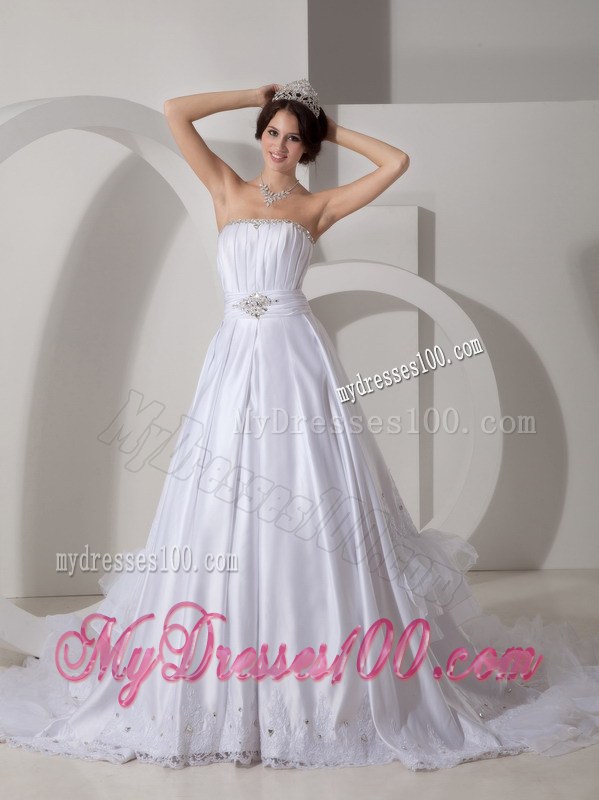 Lovely Strapless Brush Train Beading and Ruching Wedding Dresses