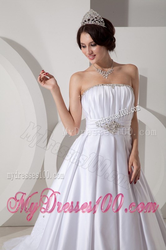 Lovely Strapless Brush Train Beading and Ruching Wedding Dresses