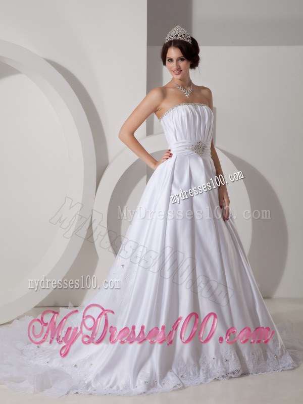 Lovely Strapless Brush Train Beading and Ruching Wedding Dresses