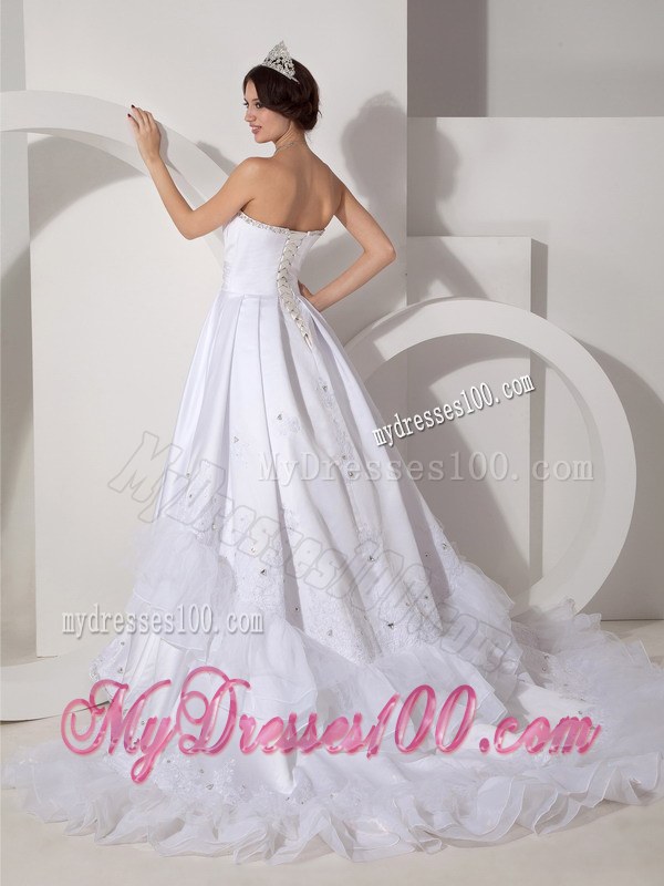Lovely Strapless Brush Train Beading and Ruching Wedding Dresses