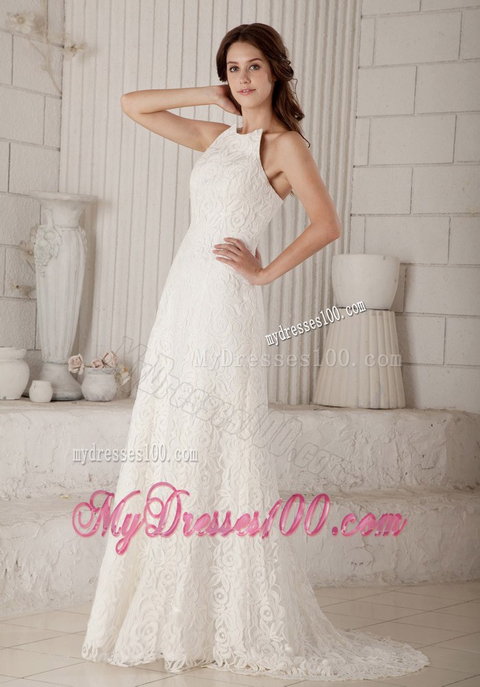 Lovely Column Brush Train Lace Wedding Dress