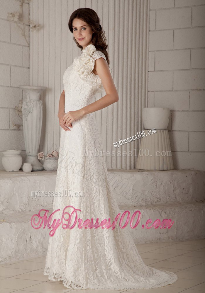 Lovely Column Brush Train Lace Wedding Dress
