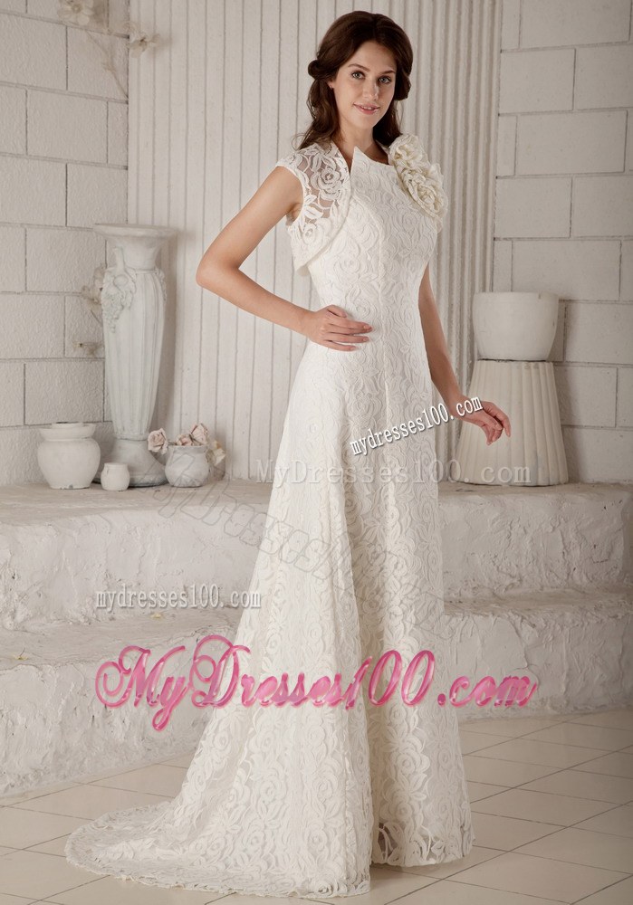 Lovely Column Brush Train Lace Wedding Dress