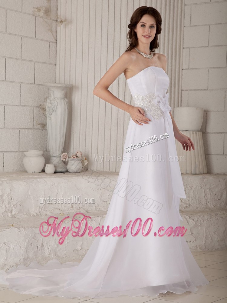 Lovely Appliques Court Train Wedding Dresses with Flowers Sash