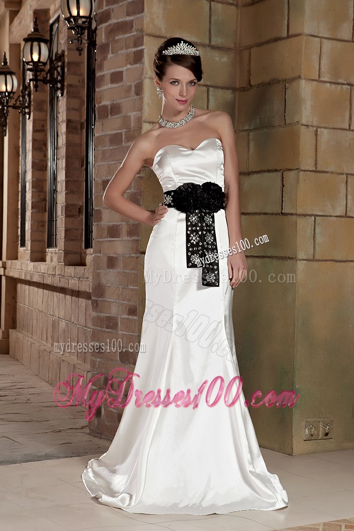 Lovely Sweetheart Brush Train Beaded Wedding Dress with Black Belt