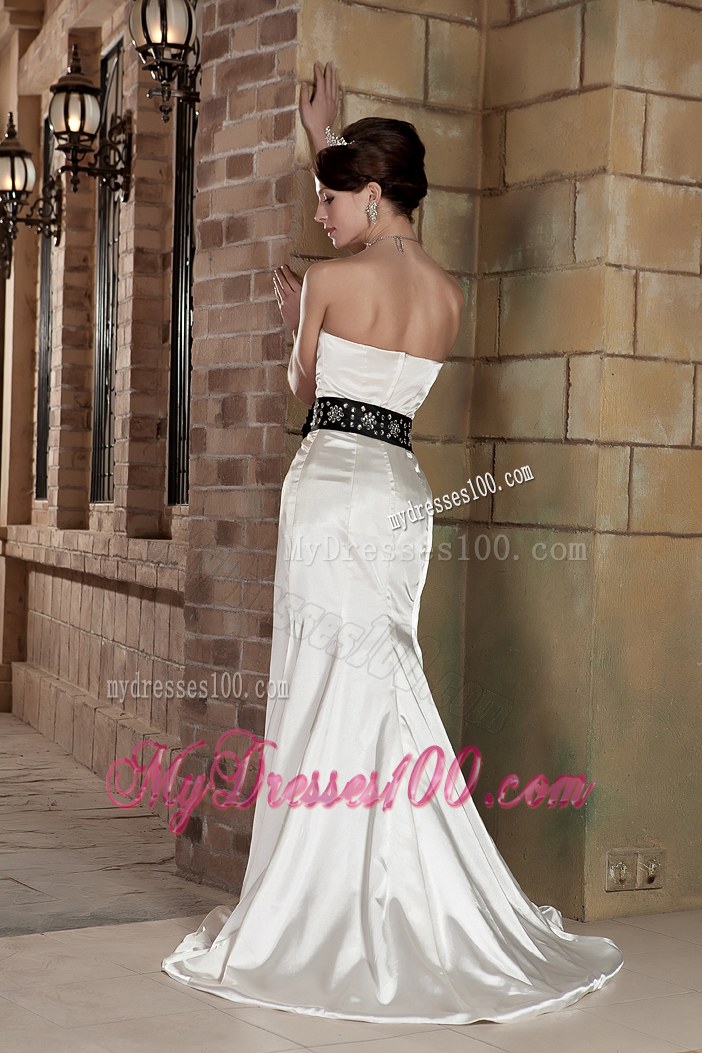Lovely Sweetheart Brush Train Beaded Wedding Dress with Black Belt