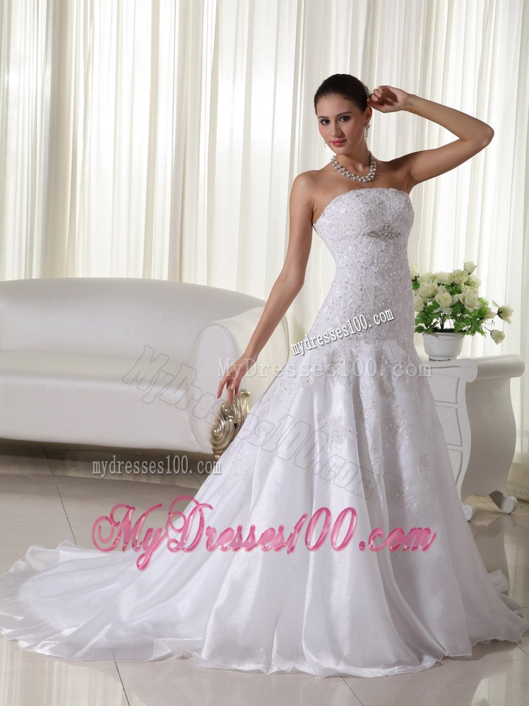 2013 Lovely Strapless Court Train Lace Wedding Dresses with Beading