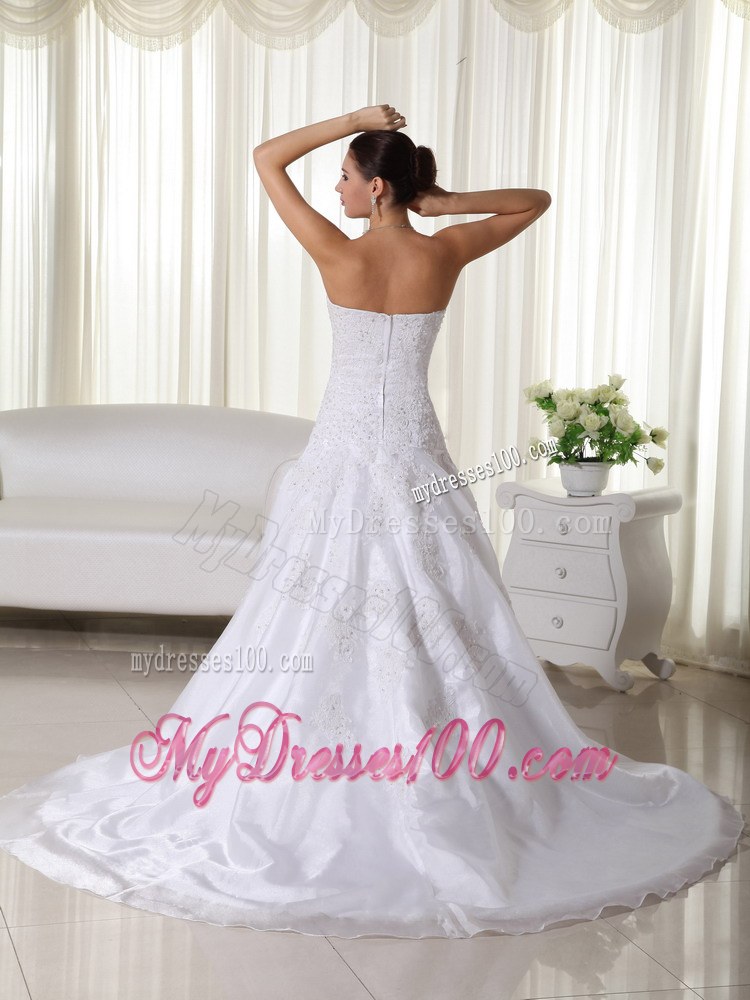 2013 Lovely Strapless Court Train Lace Wedding Dresses with Beading