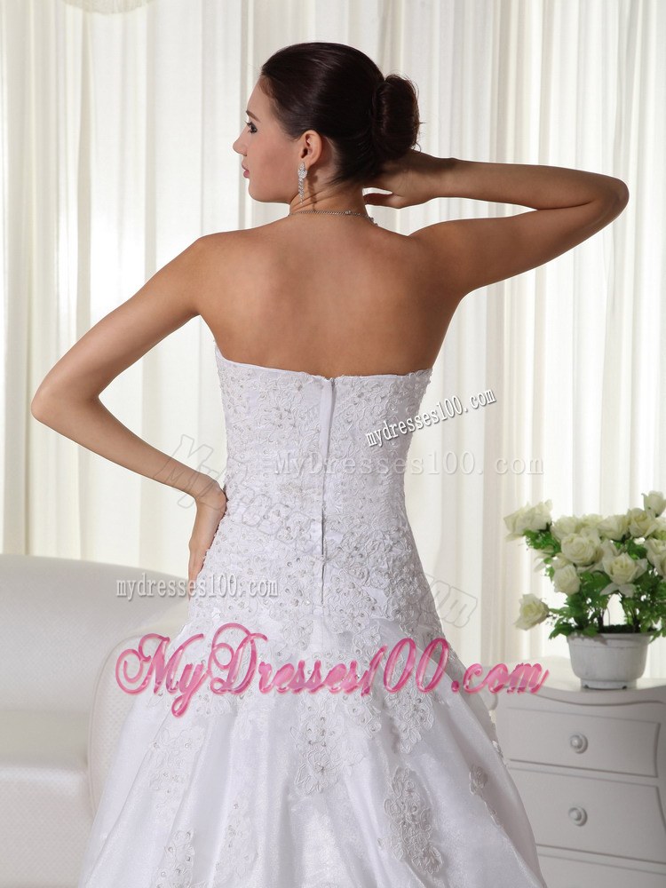 2013 Lovely Strapless Court Train Lace Wedding Dresses with Beading