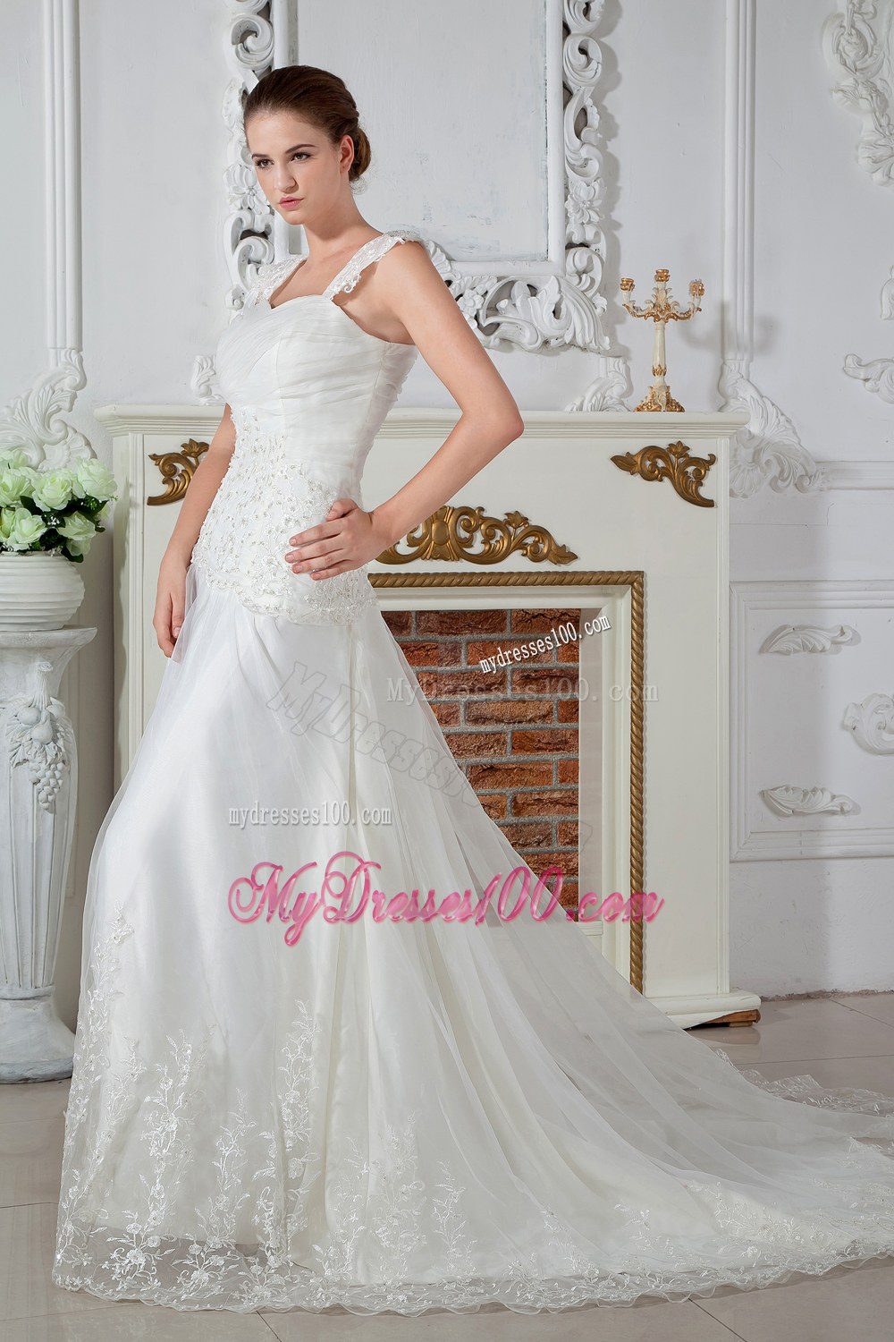 Low Price Straps Court Train Appliqued Lace Wedding Dresses