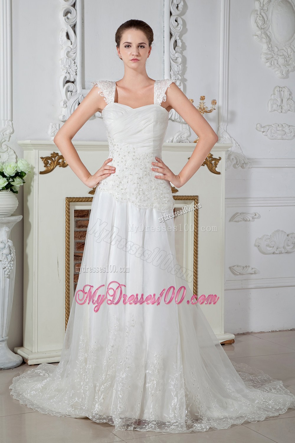 Low Price Straps Court Train Appliqued Lace Wedding Dresses