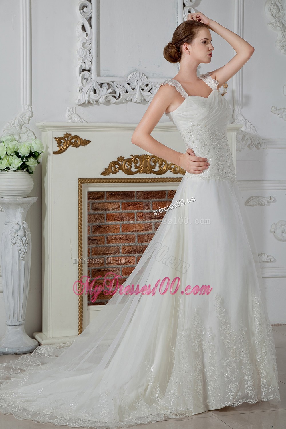 Low Price Straps Court Train Appliqued Lace Wedding Dresses