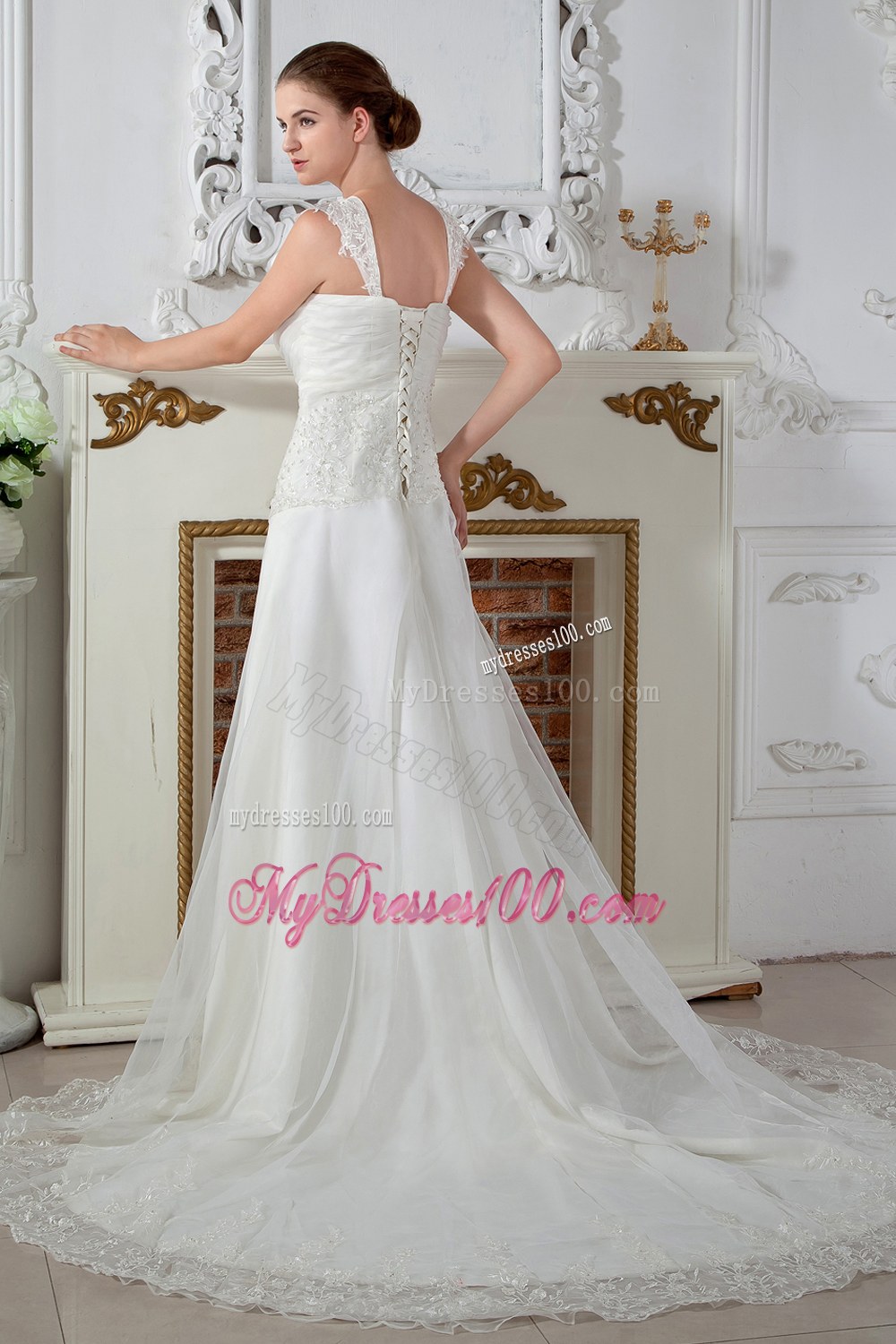 Low Price Straps Court Train Appliqued Lace Wedding Dresses