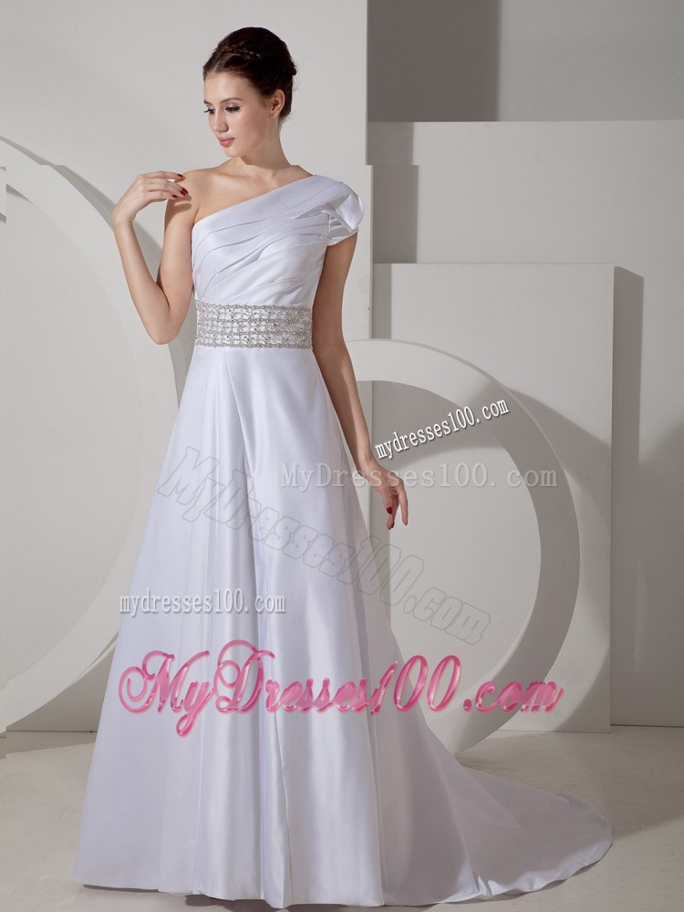 Luxurious One Shoulder Court Train Belt Cheap Wedding Dresses