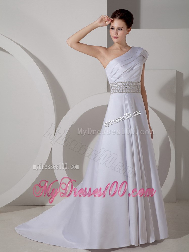 Luxurious One Shoulder Court Train Belt Cheap Wedding Dresses