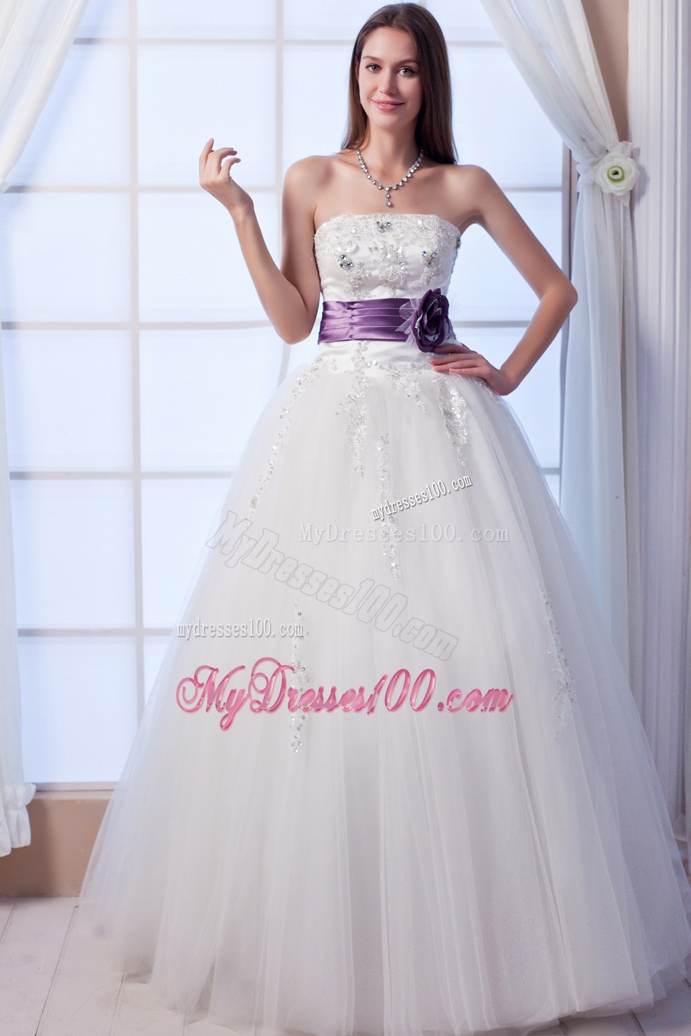 Luxurious Strapless Wedding Dress with Beading and Flowers Sash