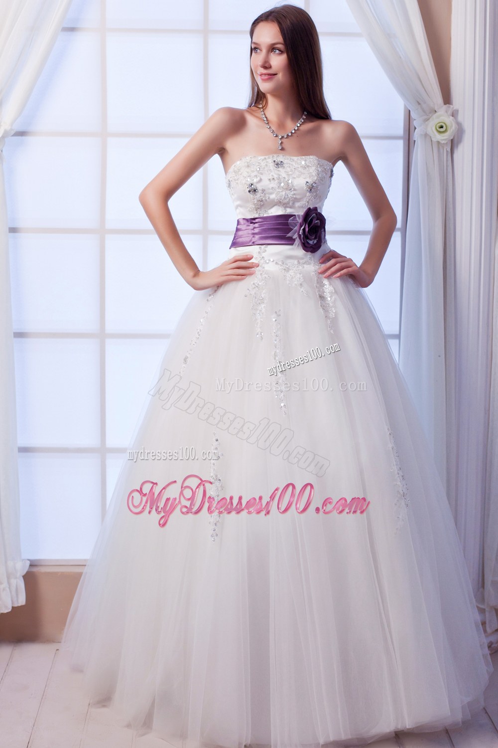 Luxurious Strapless Wedding Dress with Beading and Flowers Sash